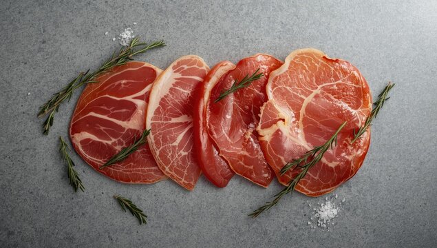 Pork ham slices on a grey backdrop, aerial perspective.