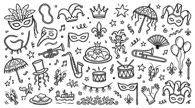 Mardi Gras doodle collection with masks, king cake, music, and festive elements for celebration and carnival themes