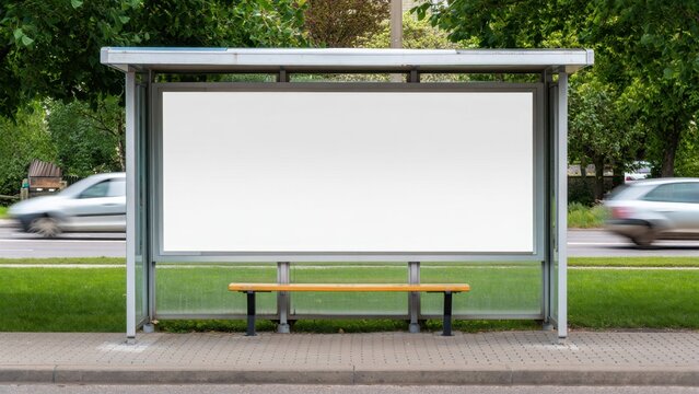 Large blank horizontal billboard at a modern city bus stop with a wooden bench on a sidewalk with motion blurred cars passing by in the background and green summer trees on a sunny day copy space