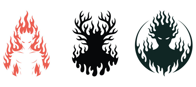 Fantasy Creature Avatar Logo Set featuring Fire Elemental, Horned Demon Silhouette, and Shadow Spirit Mascot for Esports Gaming, Apparel, and Dark Fantasy Branding Vector.