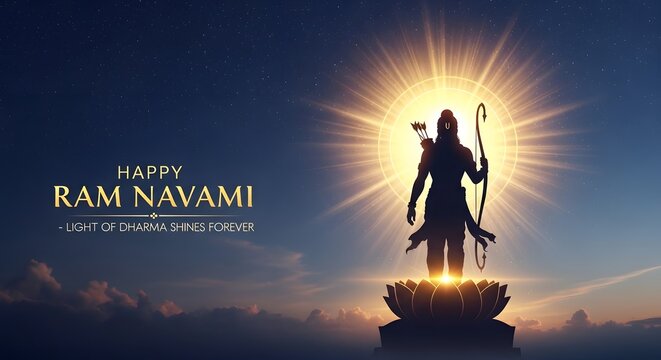 Happy Ram Navami, light of dharma shines forever, silhouette of Rama holding a bow, bright glowing sun.
