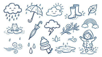 Naklejka premium Charming hand drawn doodle collection of weather elements and rainy day activities for kids and adults, perfect for seasonal designs and cheerful illustrations