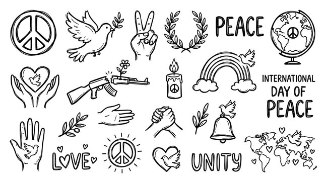 Doodle art celebrating international day of peace with symbols of love unity doves and globe peace signs and broken gun