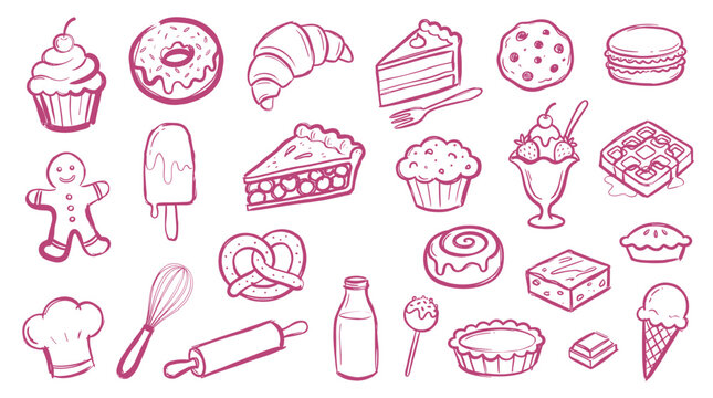 Collection of delicious baked goods and desserts hand-drawn in a simple sketch style for a delightful food illustration