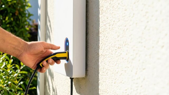 Electric Vehicle Charging Station Cable in Hand Home Outdoor Wall Mounted Solar Powered Charger Plug for Clean Energy Resilience Power