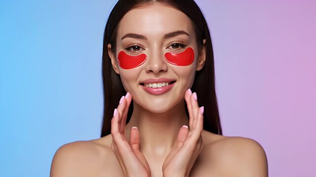 Beautiful woman with eye patches smiling and touching her face.