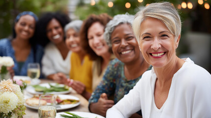 Diverse group of women laughing and enjoying a meal together outdoors, community and inclusivity concept, authentic female friendship photography, with copy space