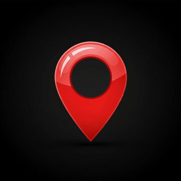 Glossy red location pin icon with circular cutout and reflective highlights, centered 3D map marker for navigation, GPS tracking, and address positioning on a solid black background.