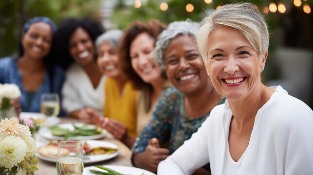 Diverse group of women laughing and enjoying a meal together outdoors, community and inclusivity concept, authentic female friendship photography, with copy space