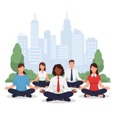 Fototapeta premium Vector illustration of diverse office employees in business attire practicing meditation and yoga in a city park setting with a background of skyscrapers and green trees.