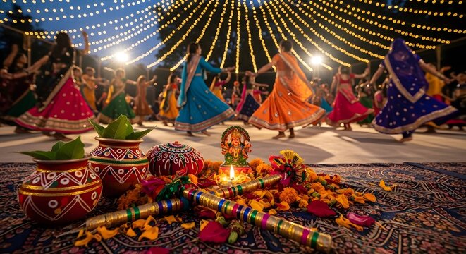 Navratri festival with people performing dandiya raas dance and traditional puja thali decor.