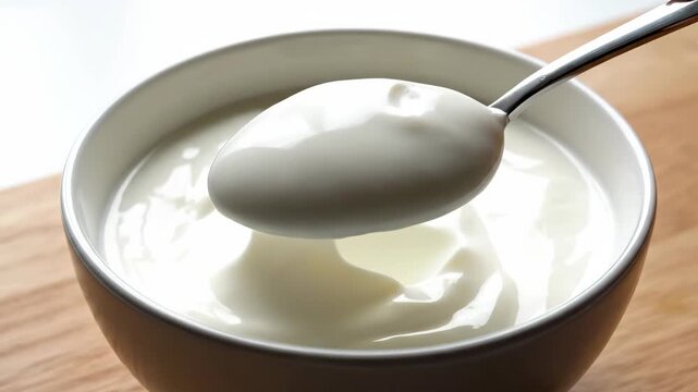Creamy yogurt in bowl with spoon, dairy food alternative protein for food tech nutrition concept, bright light close up on wooden table