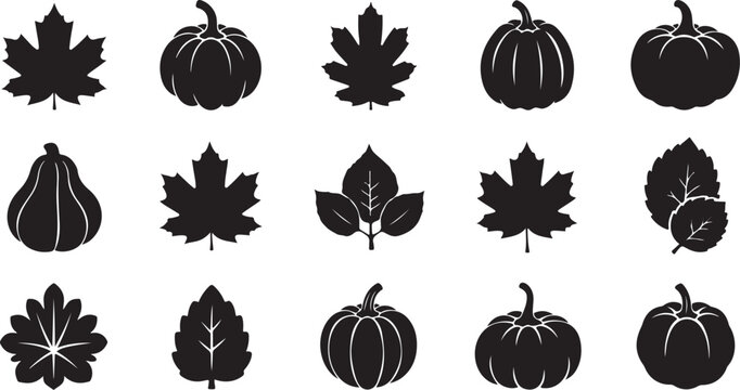 Autumn Leaves, Black Silhouettes, Pumpkins, Fall Icons, Vector Illustrations
