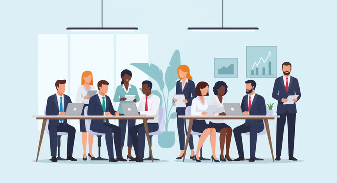 Vector illustration of a diverse group of multi-ethnic business professionals collaborating in a modern office workspace with laptops, documents, desks, and corporate wall charts.