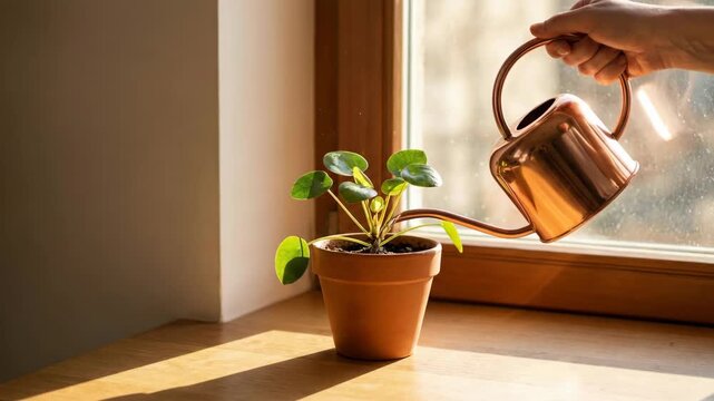 Indoor morning hand watering houseplant in terracotta pot, potted plant on sunny windowsill, quiet luxury home interior daily routine care with can