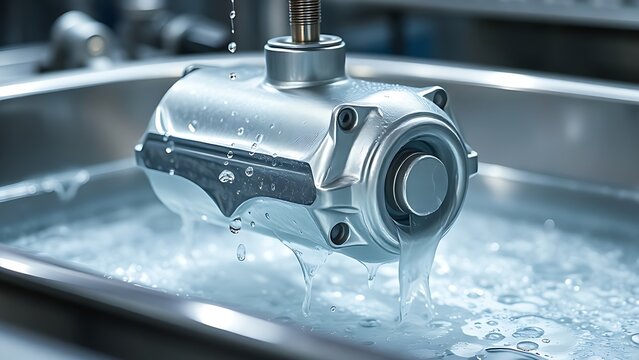 electroplating. An industrial electroplating bath lifting a metal part with a shiny silver coating. safety posters, maintenance manuals, designed for industrial assembly lines and welding operations.