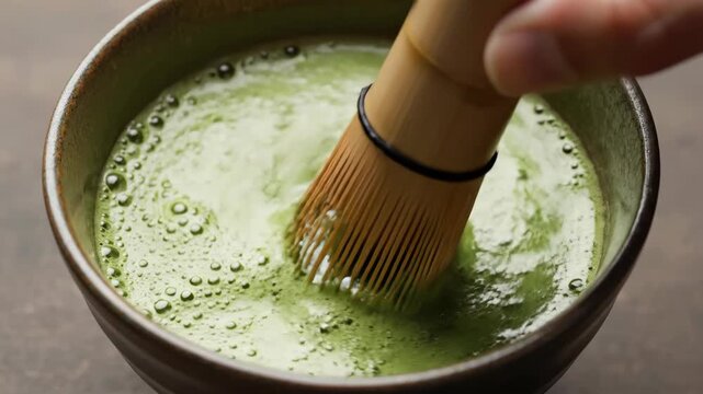 Matcha tea bamboo whisk green drink in ceramic bowl, frothy foam close up quiet luxury daily routine, calm ceremony mixing matcha with swirl