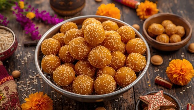 Sesame jaggery balls served in a bowl for Makar Sankranti in India.