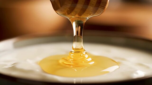 Honey drizzle from spoon into bowl closeup sweet golden syrup, warm quiet luxury daily routine, yogurt breakfast comfort food, honey dipper drizzle