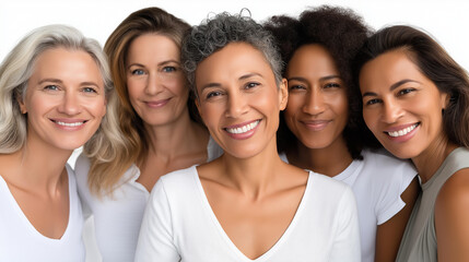 Fototapeta premium Group of women of various ethnicities with beautiful smiles on a white background, ethnic diversity and beauty concept, multicultural representation photography, with copy space