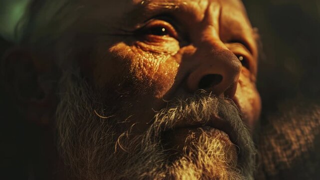 Golden light caresses weathered face. Deep lines frame eyes closed in rest. Long beard glows warmly in sun. Stillness speaks of quiet strength. Texture of age, sun, and peace