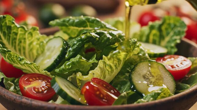 Fresh vegetable salad bowl with romaine lettuce, cucumber, tomato, olive oil drizzle on rustic table, quiet luxury daily routine healthy green mix