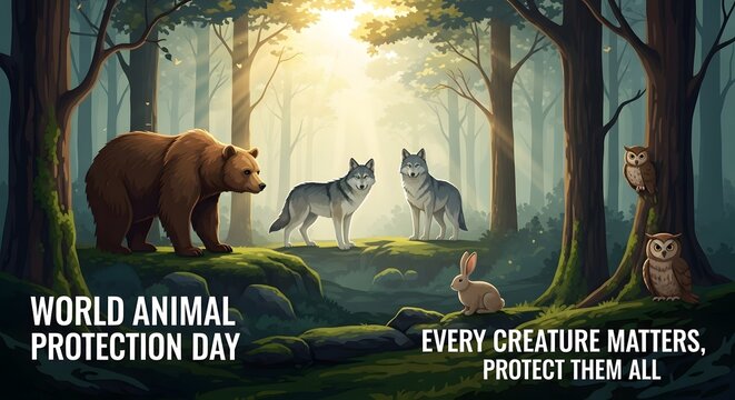 World animal protection day forest illustration with bear wolves owl rabbit.