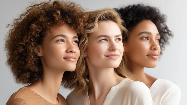 Studio portrait of women with different natural hair textures side by side, celebrating natural hair diversity concept, inclusive beauty representation, with copy space
