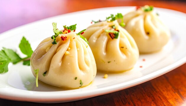 A plate of six steamed dumplings arranged in a circle, pleated tops garnished with herbs and chili flakes, glistening with light sauce, showcasing traditional culinary craftsmanship and appetizing det