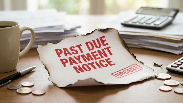 Past due payment notice urgent financial trouble risk debt collection letter, overdue bill paperwork on desk with coins calculator coffee burnt paper