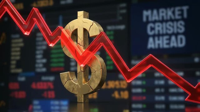 Falling chart and dollar symbol signal market crash on stock screen, financial crisis risk urgent trouble during economic downturn with red arrow