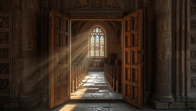 Sight of an ajar wooden church door.