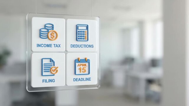 Income tax planning for deduction and filing deadline with icons, office background, calendar, calculator and document finance accounting concepts