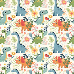 Seamless pattern with cute dinosaurs, exotic plants and flowers. Vector repeating background with prehistoric animal for textile, nursery wallpaper, fabric design and stationery print. © An Chubenko