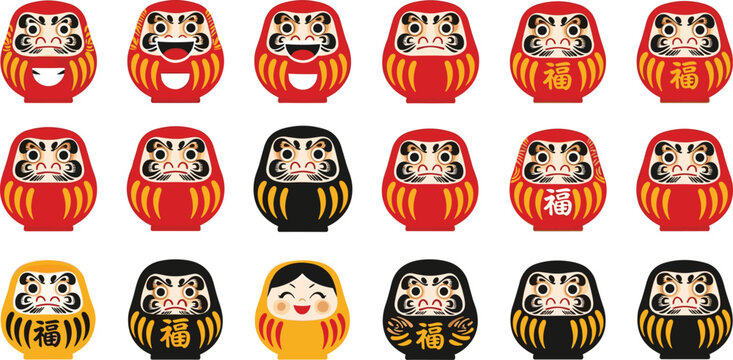 Set of Daruma Dolls in Various Poses and Colors for Japanese Culture, Tradition, and Good Luck Themes