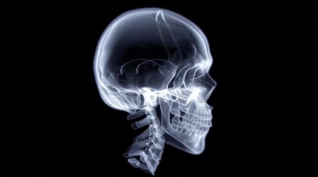 Detailed X-ray image of a human skull in profile, showcasing intricate bone structure and anatomical details
