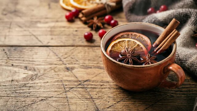 Cozy cafe winter mood with mulled wine hot drink in ceramic cup on rustic wooden table with orange slice cinnamon stick star anise