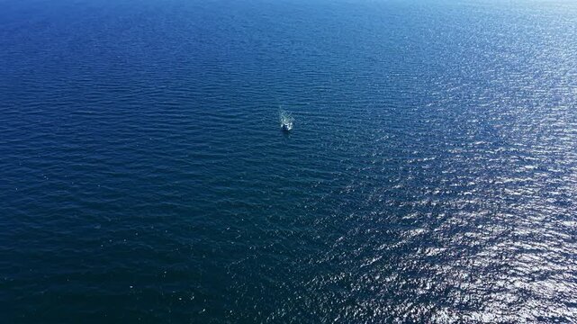 A small boat moves through vast blue water under a bright sky. The sun reflects on the surface creating a shimmering effect. The scene captures the openness of the sea.