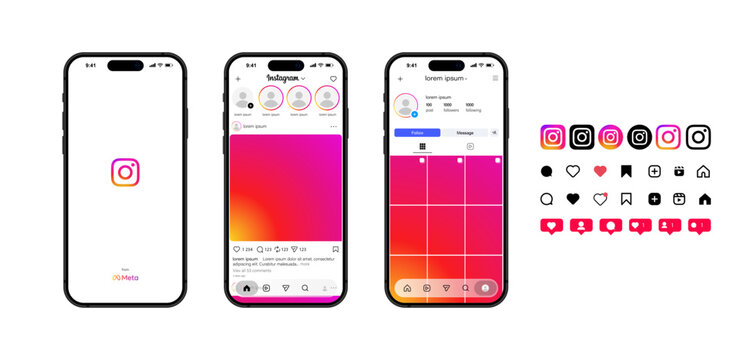 Instagram feed mockup. Social media mock up template. Instagram post frame carousel template. Screen interface on Iphone smartphone. Post story reels. Latest update social network mobile app