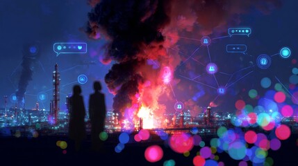 Obraz premium Devastating fire erupts at chemical storage site. Digital society network. Raging inferno threatens nearby structures in oil refinery catastrophe. Digital communication link.