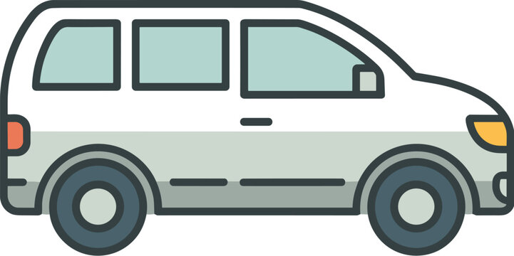 Vector illustration of a modern white minivan or passenger van icon in flat line art style isolated on a white background for transport concepts.