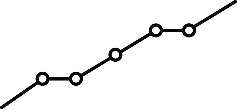 Minimalist black line graph icon with circular data points showing an upward trend, isolated on a white background for business analytics and financial progress presentations.Minimalist
