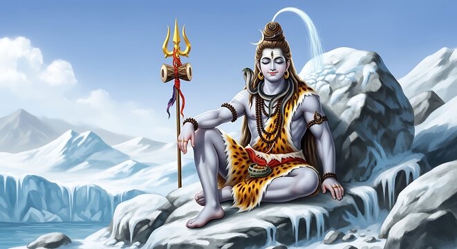 Shiva Hindu God Sitting on Mountain.