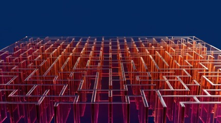 Fototapeta premium Close-up of an orange and magenta glass 3D labyrinth on a rich navy blue background. Abstract geometric wallpaper with vertical structures and negative space above.