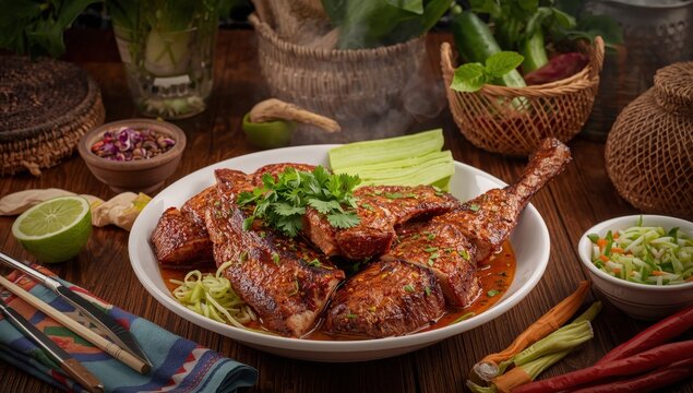 Spicy roasted pork salad served with somtam, northeastern Thai cuisine.
