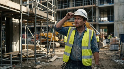 Fototapeta premium Construction worker in hard hat and safety vest looking up at building site