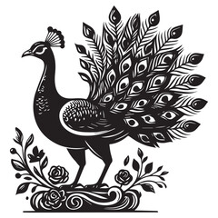 Fototapeta premium Detailed silhouette of a proud peacock with large fanned tail feathers, elegant nature and wildlife vector illustration.