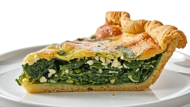 Spinach feta pastry or quiche on white backdrop