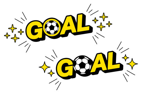 サッカーのゴールのテキスト、フットボールのGOAL、サッカーボールと文字のベクターイラストセット