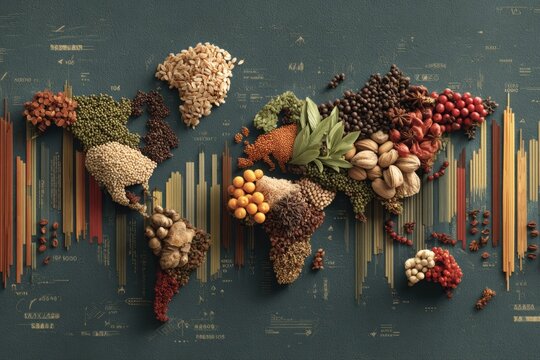Cultivating a global connection through nature's bounty on world food day. Stock market. Intricate nutrition map: grains and vegetables illustrate global food and farming. Investment growth.